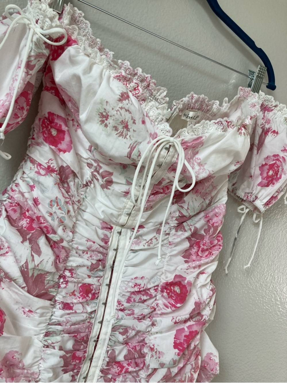 For Love & Lemons Mills Ruched Floral Mini Dress Coquette Milkmaid Corset sz L - Picture 7 of 14